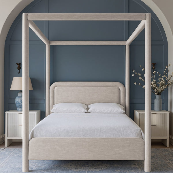Meridian Furniture Salina Upholstered Canopy Queen Bed Four Post Sculptural Frame for Modern Bedrooms Beige Linen Textured Fabric B1294Beige-Q