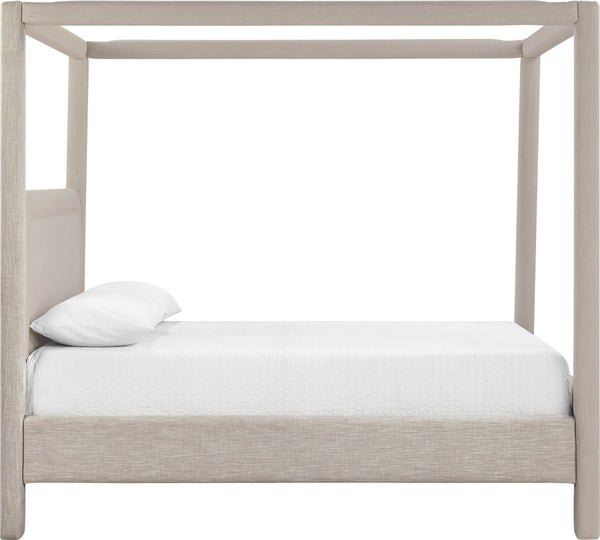 Meridian Furniture Salina Upholstered Canopy Queen Bed Four Post Sculptural Frame for Modern Bedrooms Beige Linen Textured Fabric B1294Beige-Q