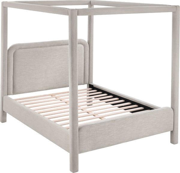 Meridian Furniture Salina Upholstered Canopy Queen Bed Four Post Sculptural Frame for Modern Bedrooms Beige Linen Textured Fabric B1294Beige-Q