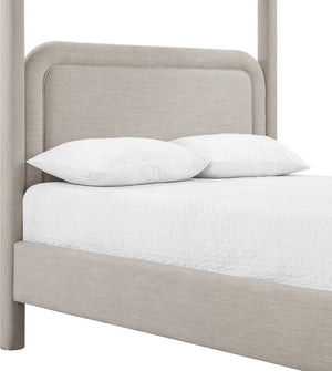 Meridian Furniture Salina Upholstered Canopy Queen Bed Four Post Sculptural Frame for Modern Bedrooms Beige Linen Textured Fabric B1294Beige-Q