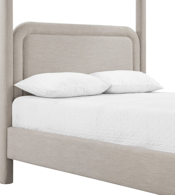 Meridian Furniture Salina Upholstered Canopy Queen Bed Four Post Sculptural Frame for Modern Bedrooms Beige Linen Textured Fabric B1294Beige-Q