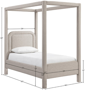 Meridian Furniture Salina Upholstered Twin Canopy Bed Sculptural Four Post Frame for Modern Bedroom Decor Beige Linen Textured Fabric B1294Beige-T