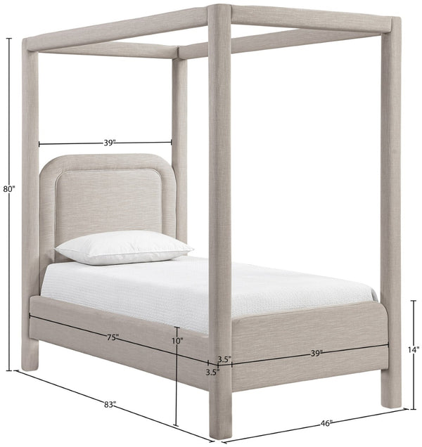 Meridian Furniture Salina Upholstered Twin Canopy Bed Sculptural Four Post Frame for Modern Bedroom Decor Beige Linen Textured Fabric B1294Beige-T