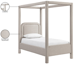 Meridian Furniture Salina Upholstered Twin Canopy Bed Sculptural Four Post Frame for Modern Bedroom Decor Beige Linen Textured Fabric B1294Beige-T