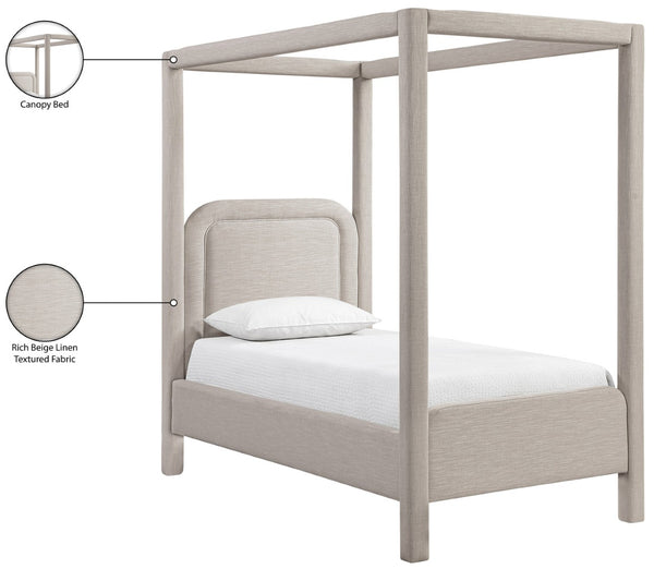 Meridian Furniture Salina Upholstered Twin Canopy Bed Sculptural Four Post Frame for Modern Bedroom Decor Beige Linen Textured Fabric B1294Beige-T