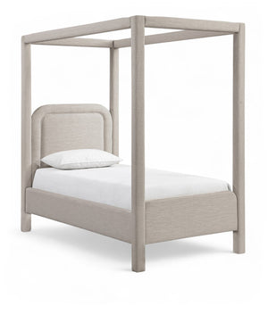 Meridian Furniture Salina Upholstered Twin Canopy Bed Sculptural Four Post Frame for Modern Bedroom Decor Beige Linen Textured Fabric B1294Beige-T