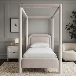 Meridian Furniture Salina Upholstered Twin Canopy Bed Sculptural Four Post Frame for Modern Bedroom Decor Beige Linen Textured Fabric B1294Beige-T