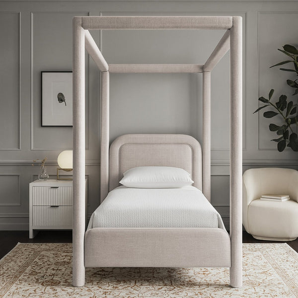 Meridian Furniture Salina Upholstered Twin Canopy Bed Sculptural Four Post Frame for Modern Bedroom Decor Beige Linen Textured Fabric B1294Beige-T