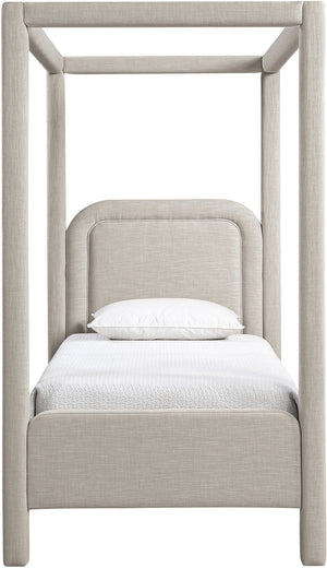 Meridian Furniture Salina Upholstered Twin Canopy Bed Sculptural Four Post Frame for Modern Bedroom Decor Beige Linen Textured Fabric B1294Beige-T