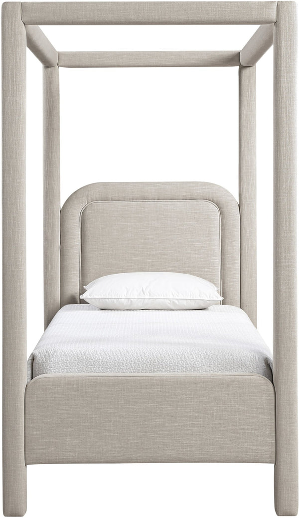 Meridian Furniture Salina Upholstered Twin Canopy Bed Sculptural Four Post Frame for Modern Bedroom Decor Beige Linen Textured Fabric B1294Beige-T