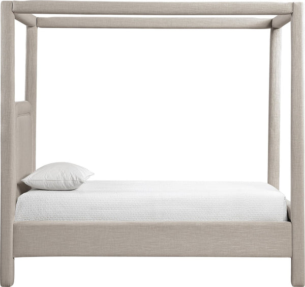 Meridian Furniture Salina Upholstered Twin Canopy Bed Sculptural Four Post Frame for Modern Bedroom Decor Beige Linen Textured Fabric B1294Beige-T