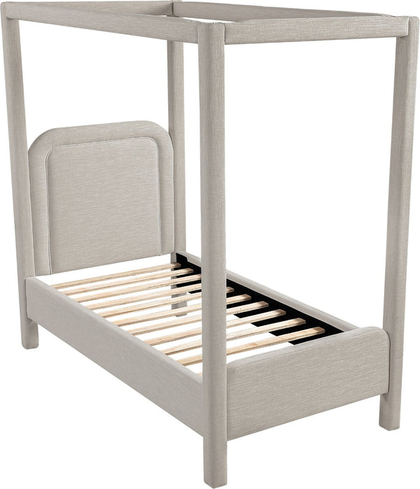 Meridian Furniture Salina Upholstered Twin Canopy Bed Sculptural Four Post Frame for Modern Bedroom Decor Beige Linen Textured Fabric B1294Beige-T