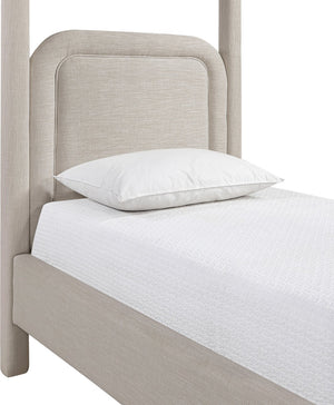 Meridian Furniture Salina Upholstered Twin Canopy Bed Sculptural Four Post Frame for Modern Bedroom Decor Beige Linen Textured Fabric B1294Beige-T