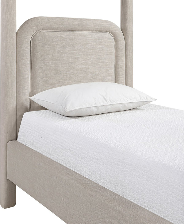Meridian Furniture Salina Upholstered Twin Canopy Bed Sculptural Four Post Frame for Modern Bedroom Decor Beige Linen Textured Fabric B1294Beige-T