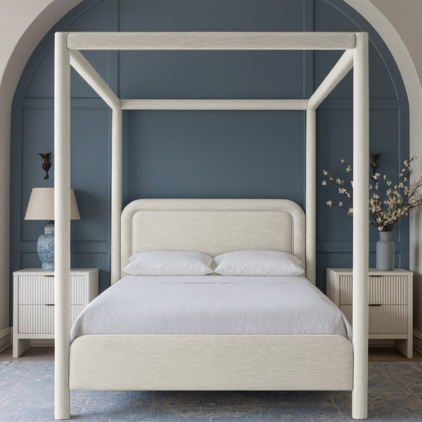 Meridian Furniture Salina Upholstered Canopy King Bed with Sculptural Four Post Frame for Modern Bedrooms Cream Linen Textured Fabric B1294Cream-K