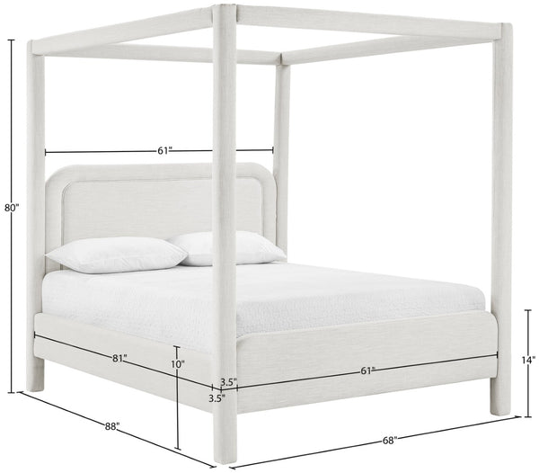 Meridian Furniture Salina Upholstered Canopy Queen Bed Four Post Sculptural Frame for Modern Bedrooms Cream Linen Textured Fabric B1294Cream-Q