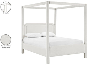 Meridian Furniture Salina Upholstered Canopy Queen Bed Four Post Sculptural Frame for Modern Bedrooms Cream Linen Textured Fabric B1294Cream-Q