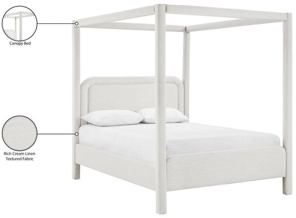 Meridian Furniture Salina Upholstered Canopy Queen Bed Four Post Sculptural Frame for Modern Bedrooms Cream Linen Textured Fabric B1294Cream-Q