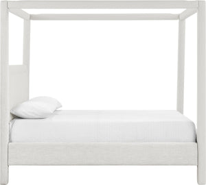 Meridian Furniture Salina Upholstered Canopy Queen Bed Four Post Sculptural Frame for Modern Bedrooms Cream Linen Textured Fabric B1294Cream-Q