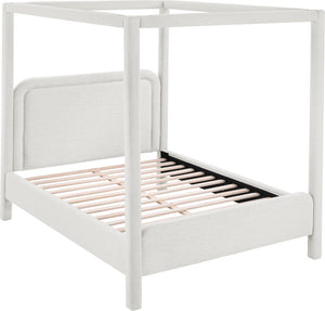 Meridian Furniture Salina Upholstered Canopy Queen Bed Four Post Sculptural Frame for Modern Bedrooms Cream Linen Textured Fabric B1294Cream-Q