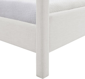 Meridian Furniture Salina Upholstered Canopy Queen Bed Four Post Sculptural Frame for Modern Bedrooms Cream Linen Textured Fabric B1294Cream-Q