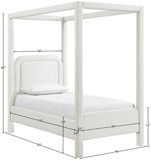 Meridian Furniture Salina Upholstered Twin Canopy Bed Sculptural Four Post Frame for Modern Bedroom Decor Cream Linen Textured Fabric B1294Cream-T