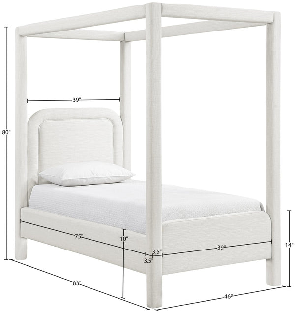 Meridian Furniture Salina Upholstered Twin Canopy Bed Sculptural Four Post Frame for Modern Bedroom Decor Cream Linen Textured Fabric B1294Cream-T