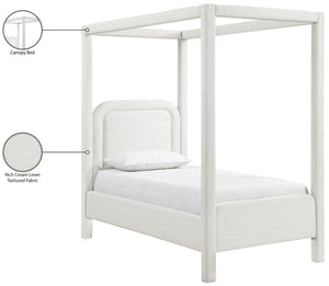 Meridian Furniture Salina Upholstered Twin Canopy Bed Sculptural Four Post Frame for Modern Bedroom Decor Cream Linen Textured Fabric B1294Cream-T