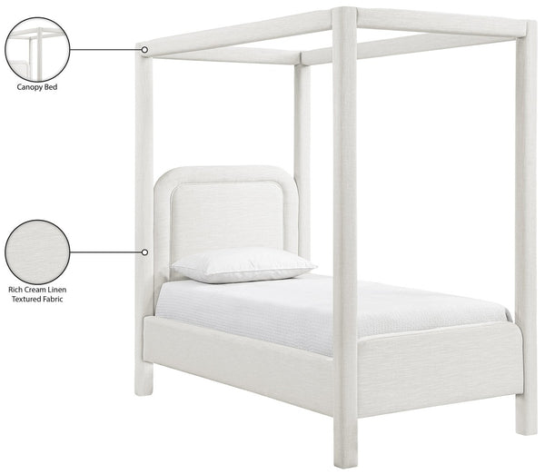Meridian Furniture Salina Upholstered Twin Canopy Bed Sculptural Four Post Frame for Modern Bedroom Decor Cream Linen Textured Fabric B1294Cream-T
