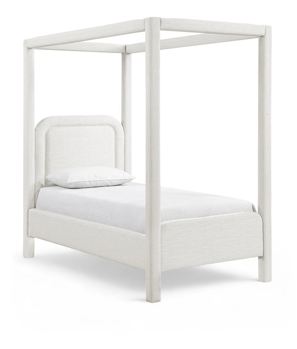 Meridian Furniture Salina Upholstered Twin Canopy Bed Sculptural Four Post Frame for Modern Bedroom Decor Cream Linen Textured Fabric B1294Cream-T