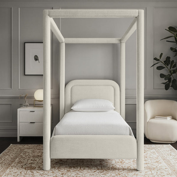 Meridian Furniture Salina Upholstered Twin Canopy Bed Sculptural Four Post Frame for Modern Bedroom Decor Cream Linen Textured Fabric B1294Cream-T