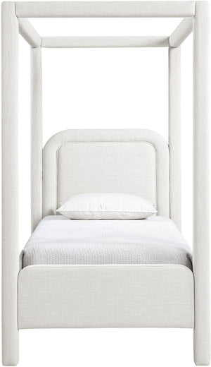 Meridian Furniture Salina Upholstered Twin Canopy Bed Sculptural Four Post Frame for Modern Bedroom Decor Cream Linen Textured Fabric B1294Cream-T