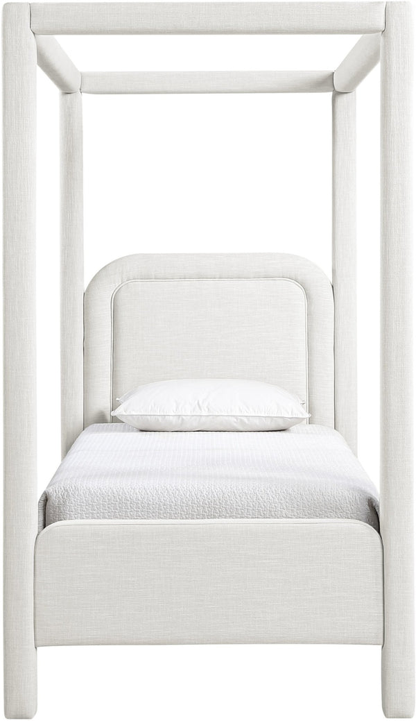Meridian Furniture Salina Upholstered Twin Canopy Bed Sculptural Four Post Frame for Modern Bedroom Decor Cream Linen Textured Fabric B1294Cream-T