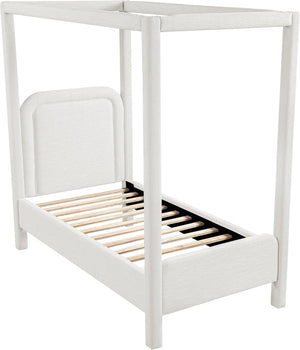 Meridian Furniture Salina Upholstered Twin Canopy Bed Sculptural Four Post Frame for Modern Bedroom Decor Cream Linen Textured Fabric B1294Cream-T