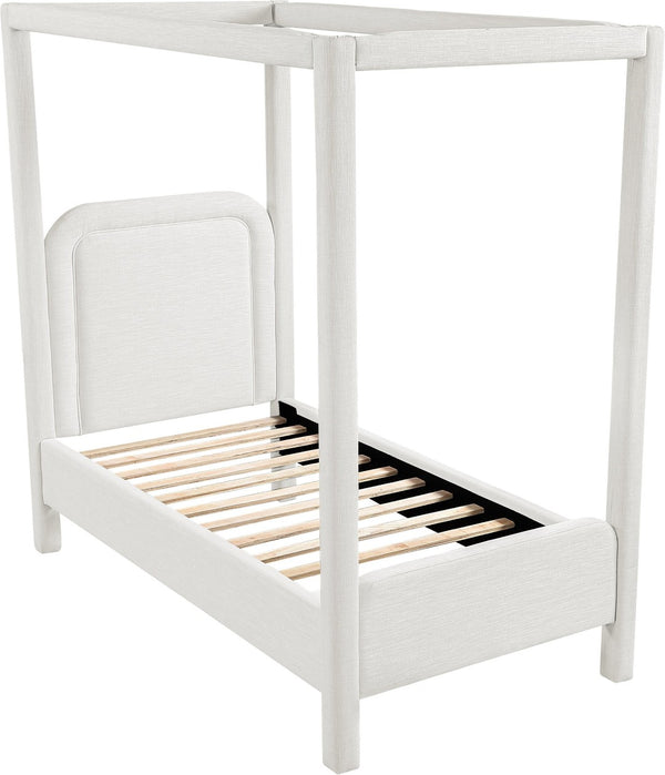 Meridian Furniture Salina Upholstered Twin Canopy Bed Sculptural Four Post Frame for Modern Bedroom Decor Cream Linen Textured Fabric B1294Cream-T
