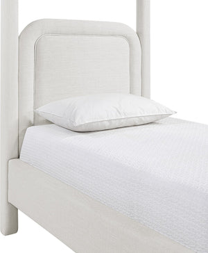 Meridian Furniture Salina Upholstered Twin Canopy Bed Sculptural Four Post Frame for Modern Bedroom Decor Cream Linen Textured Fabric B1294Cream-T