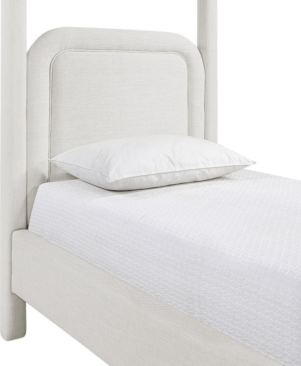 Meridian Furniture Salina Upholstered Twin Canopy Bed Sculptural Four Post Frame for Modern Bedroom Decor Cream Linen Textured Fabric B1294Cream-T