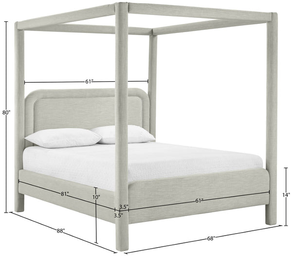 Meridian Furniture Salina Upholstered Canopy Queen Bed Four Post Sculptural Frame for Modern Bedrooms Grey Linen Textured Fabric B1294Grey-Q