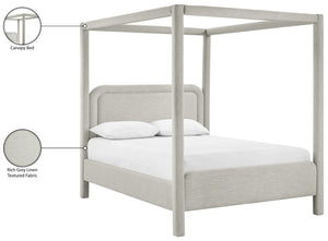 Meridian Furniture Salina Upholstered Canopy Queen Bed Four Post Sculptural Frame for Modern Bedrooms Grey Linen Textured Fabric B1294Grey-Q