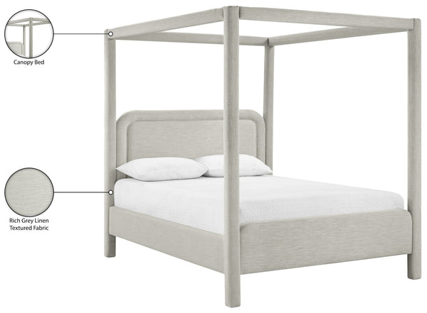 Meridian Furniture Salina Upholstered Canopy Queen Bed Four Post Sculptural Frame for Modern Bedrooms Grey Linen Textured Fabric B1294Grey-Q