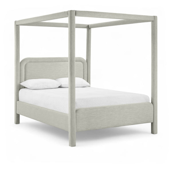 Meridian Furniture Salina Upholstered Canopy Queen Bed Four Post Sculptural Frame for Modern Bedrooms Grey Linen Textured Fabric B1294Grey-Q