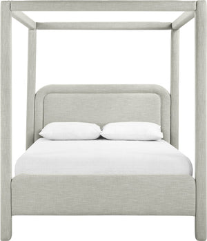 Meridian Furniture Salina Upholstered Canopy Queen Bed Four Post Sculptural Frame for Modern Bedrooms Grey Linen Textured Fabric B1294Grey-Q