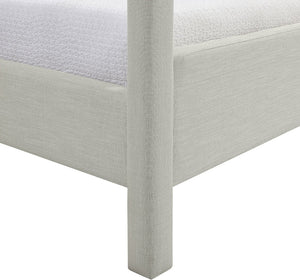 Meridian Furniture Salina Upholstered Canopy Queen Bed Four Post Sculptural Frame for Modern Bedrooms Grey Linen Textured Fabric B1294Grey-Q