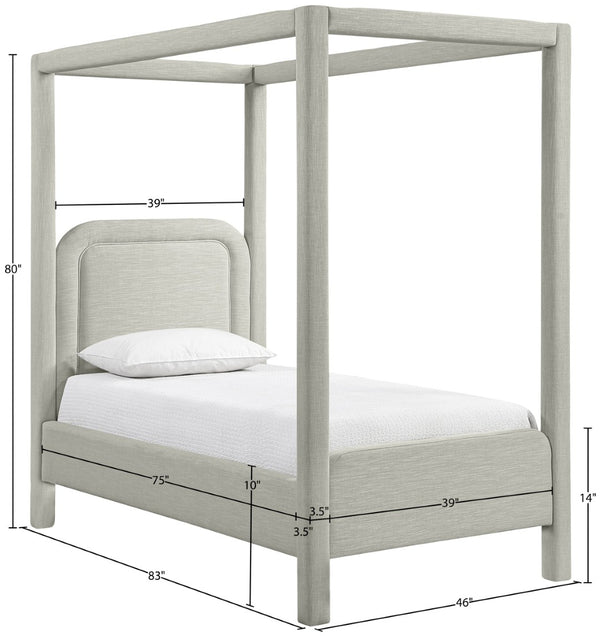 Meridian Furniture Salina Upholstered Twin Canopy Bed Sculptural Four Post Frame for Modern Bedroom Decor Grey Linen Textured Fabric B1294Grey-T