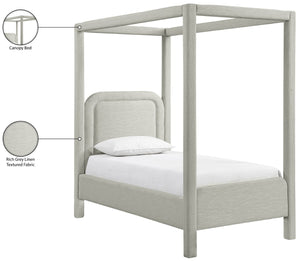Meridian Furniture Salina Upholstered Twin Canopy Bed Sculptural Four Post Frame for Modern Bedroom Decor Grey Linen Textured Fabric B1294Grey-T