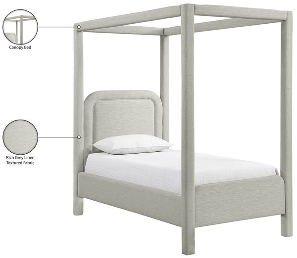 Meridian Furniture Salina Upholstered Twin Canopy Bed Sculptural Four Post Frame for Modern Bedroom Decor Grey Linen Textured Fabric B1294Grey-T