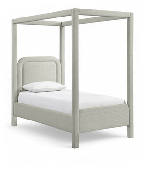 Meridian Furniture Salina Upholstered Twin Canopy Bed Sculptural Four Post Frame for Modern Bedroom Decor Grey Linen Textured Fabric B1294Grey-T