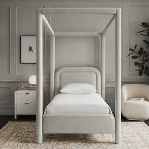 Meridian Furniture Salina Upholstered Twin Canopy Bed Sculptural Four Post Frame for Modern Bedroom Decor Grey Linen Textured Fabric B1294Grey-T