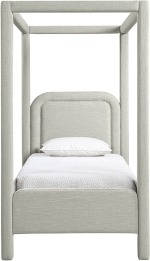 Meridian Furniture Salina Upholstered Twin Canopy Bed Sculptural Four Post Frame for Modern Bedroom Decor Grey Linen Textured Fabric B1294Grey-T