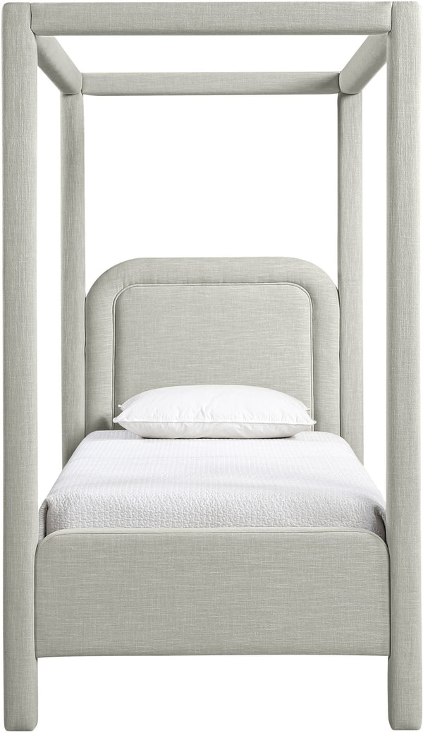 Meridian Furniture Salina Upholstered Twin Canopy Bed Sculptural Four Post Frame for Modern Bedroom Decor Grey Linen Textured Fabric B1294Grey-T